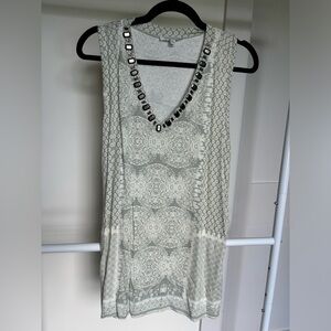 Rose + Olive Jeweled Neckline Patterned Blouse